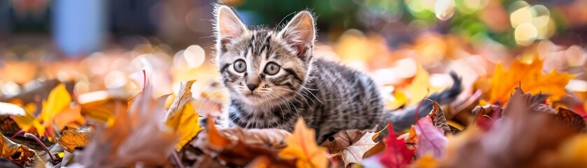 Fototapeta premium Cute Kitten in Autumn Leaves