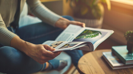 A person leisurely reads a magazine while seated comfortably, with soft sunlight streaming in, creating a cozy and tranquil atmosphere.