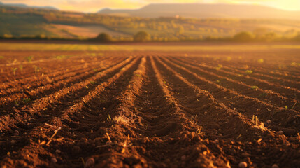 freshly plowed field at sunset, with neat rows of soil extending towards the horizon. The warm golden light of the setting sun bathes the landscape, highlighting the textures of the earth
