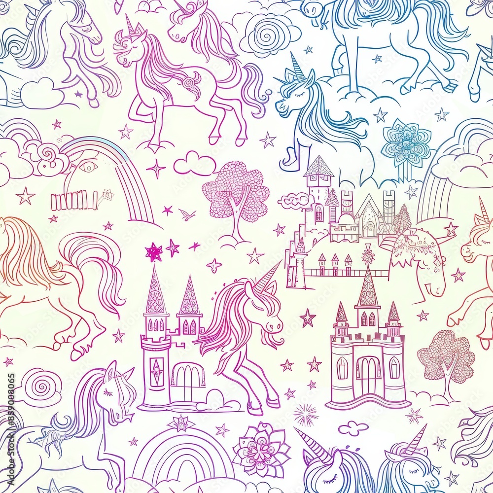 Poster This is a pattern design featuring multiple unicorns and castles on a white background. The unicorns are depicted in a whimsical style with flowing manes and tails, and the castles are ornate and maje