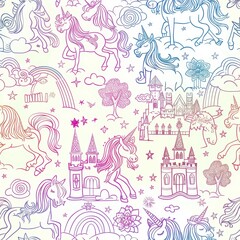 This is a pattern design featuring multiple unicorns and castles on a white background. The unicorns are depicted in a whimsical style with flowing manes and tails, and the castles are ornate and maje