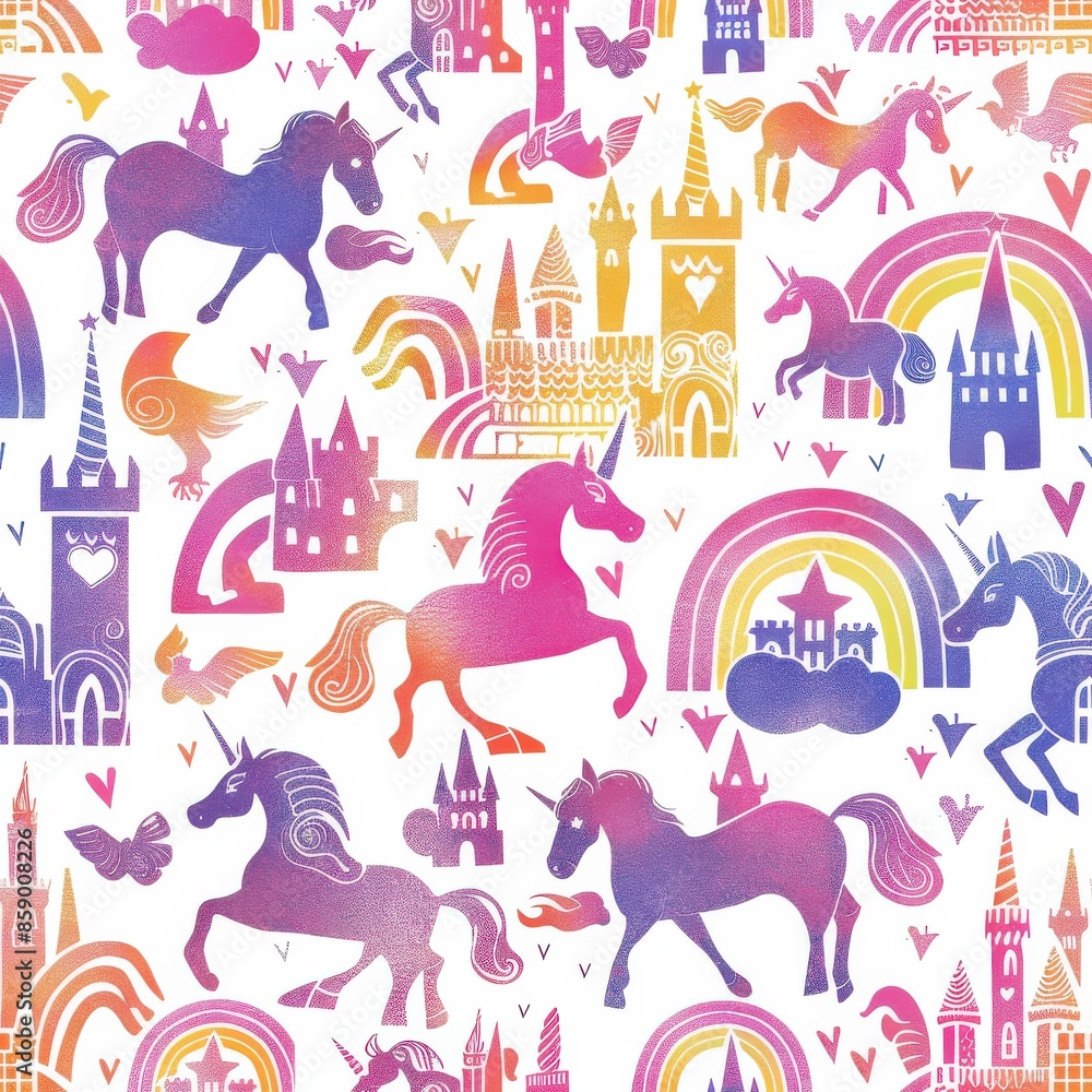 Poster This image features a repeating pattern of colorful unicorns and castles on a white background. The unicorns are in various shades of purple, pink, and blue, while the castles are in shades of yellow,