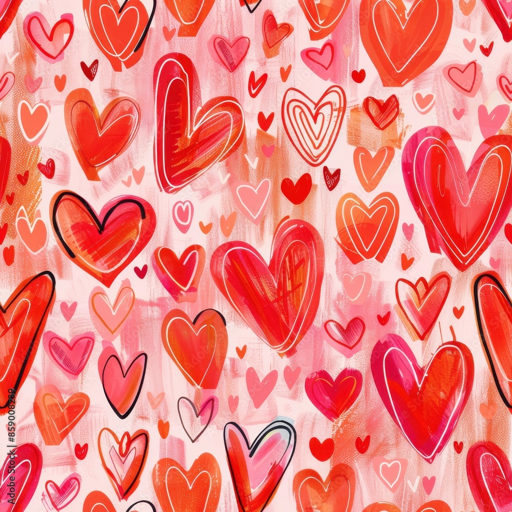 Poster A seamless pattern of red and pink hand-drawn hearts on a light background. The hearts are of various sizes and shapes, creating a playful and romantic design.