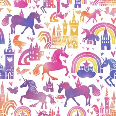 This image features a repeating pattern of colorful unicorns and castles on a white background. The unicorns are in various shades of purple, pink, and blue, while the castles are in shades of yellow,