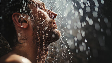 Fototapeta premium Close-up of a man savoring the sensation of falling water on his face with eyes closed, enveloped in a profound, meditative moment.