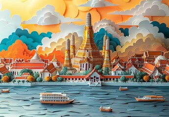Obraz premium A detailed paper craft depiction of Bangkok, Thailand, featuring the majestic Grand Palace, Wat Arun, and the bustling floating markets along the Chao Phraya River. Illustration, Minimalism,