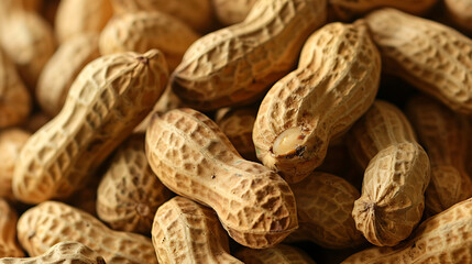 close-up view of a pile of unshelled peanuts. warm  and  lighting natural, emphasizing the earthy tones of the peanuts and their intricate patterns.