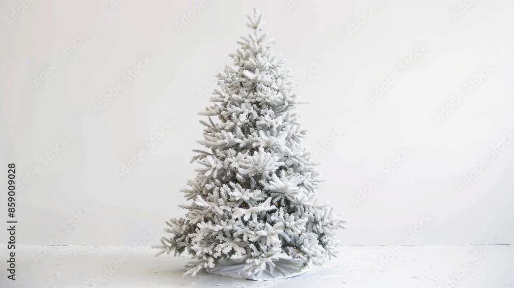 Poster a single, snow-covered christmas tree stands in a plain white room. the tree is the only decoration 
