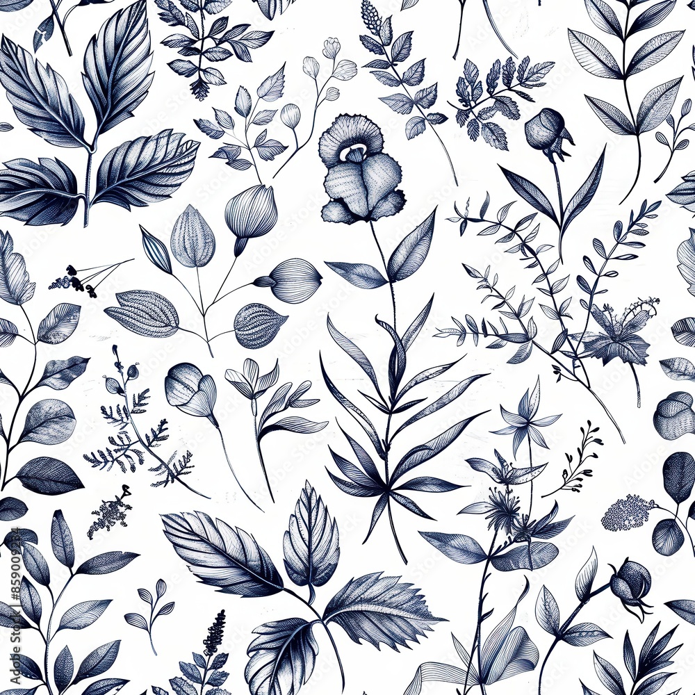 Poster this image is a seamless pattern featuring blue ink illustrations of various floral elements, includ