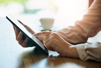 Business, hands and person with tablet, typing or internet with connection, social media or...