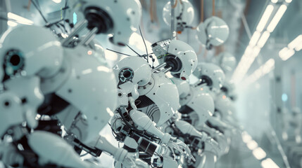Fototapeta premium A row of white humanoid robots, perfectly aligned, work alongside each other in a high-tech manufacturing facility.