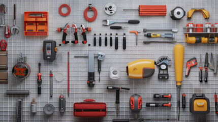 An organized array of hand tools and equipment mounted on a grid wall, showcasing a well-prepared workspace and efficient storage solutions.
