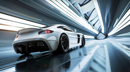 Obraz premium A sleek white sports car speeds through a futuristic tunnel with dynamic lines and glowing lights, creating a sense of speed and cutting-edge design.