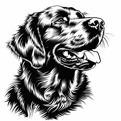 A black and white drawing of a golden retriever dog