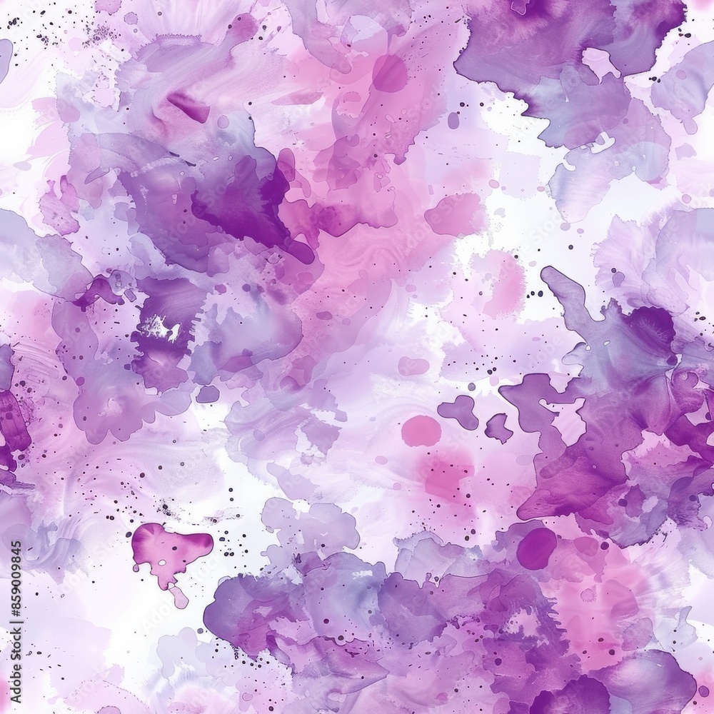 Poster This is a digital painting featuring abstract watercolor washes in shades of purple and pink, with a white background. The painting features many different sized splashes and blobs of color that blend