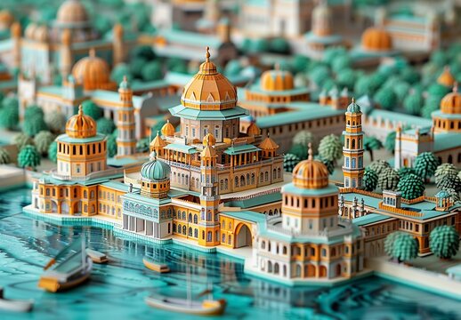 A meticulously detailed paper craft of Dhaka, Bangladesh, highlighting the Lalbagh Fort, the historic Ahsan Manzil, and the bustling Sadarghat River Port. Illustration, Minimalism,