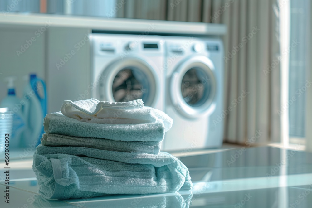Poster a stack of clean, neatly folded laundry sits on a countertop in front of a washing machine. the laun