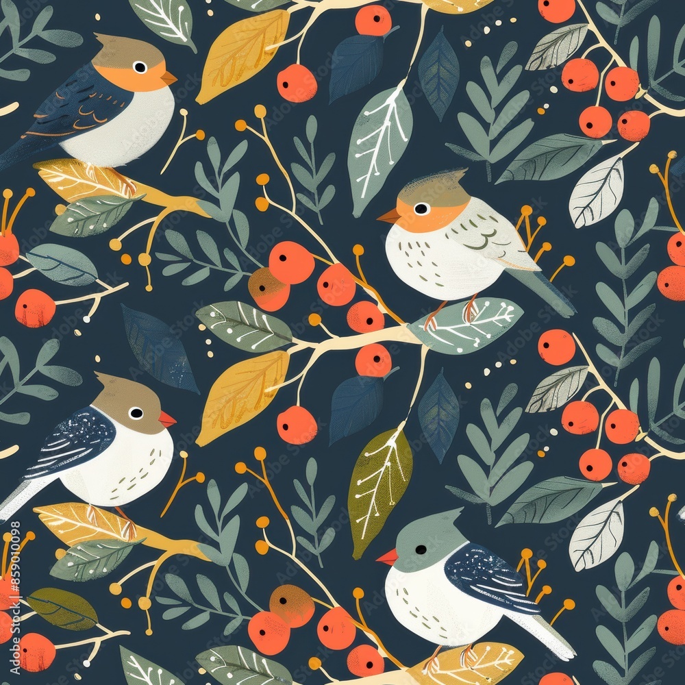 Poster This digitally illustrated pattern features birds perched on branches adorned with red berries and various green and yellow leaves. The birds are a vibrant white and blue with a hint of orange, perche