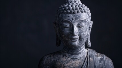 Obraz premium Siddhartha Gautama (Buddha) on a black background, in a mystical and charming atmosphere with a place to copy the text.