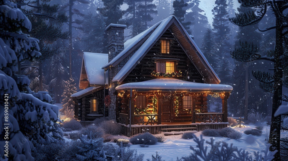 Poster a charming cabin sits nestled amidst a snow-covered forest, its windows glowing with warm light. the