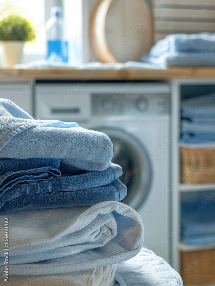 Poster a stack of freshly washed laundry sits neatly folded beside a white washing machine in a modern laun