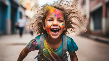 portrait of a girl, A cute little girl runs on the street, laughing happily with paint all over her face.