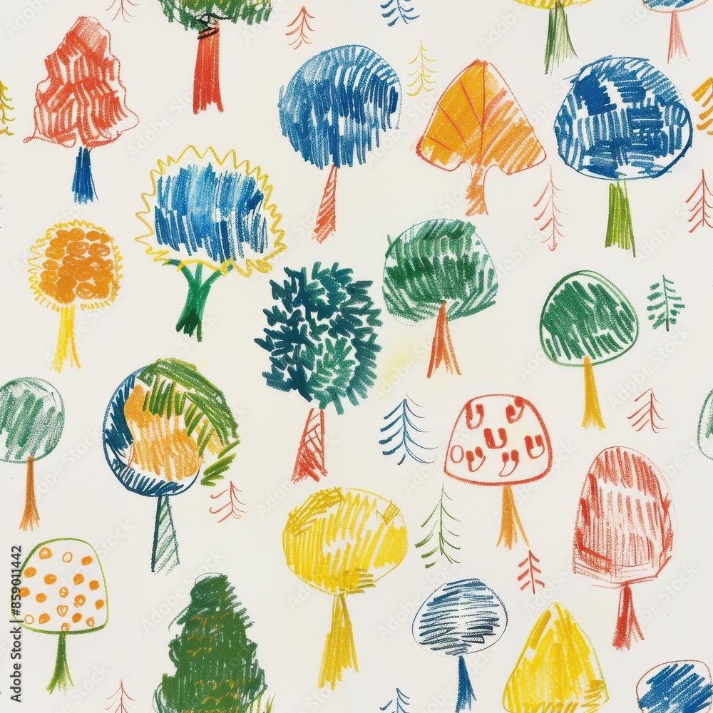 Poster a white background with a repeating pattern of hand-drawn trees in various colors, including red, or
