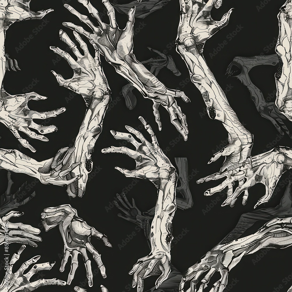 Poster This image features a seamless pattern of skeletal hands reaching out in various poses against a black background. The detailed, intricate drawings give the impression of a macabre, yet captivating, d