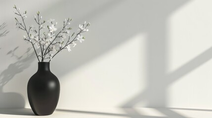 Black vase with white flowers on a white background, minimalist home decor. Contemporary interior design concept