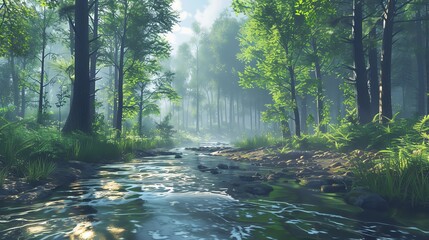 Obraz premium Serene stream flowing through a lush green forest, sunbeams filtering through the leaves, creating a magical atmosphere.