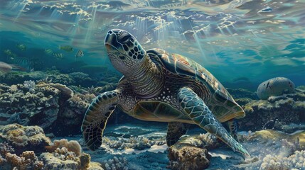 Fototapeta premium Green sea turtle near a shallow reef