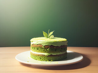 a matcha cake with a smooth top and piped decorations on a white plate, suggesting a dessert theme.
