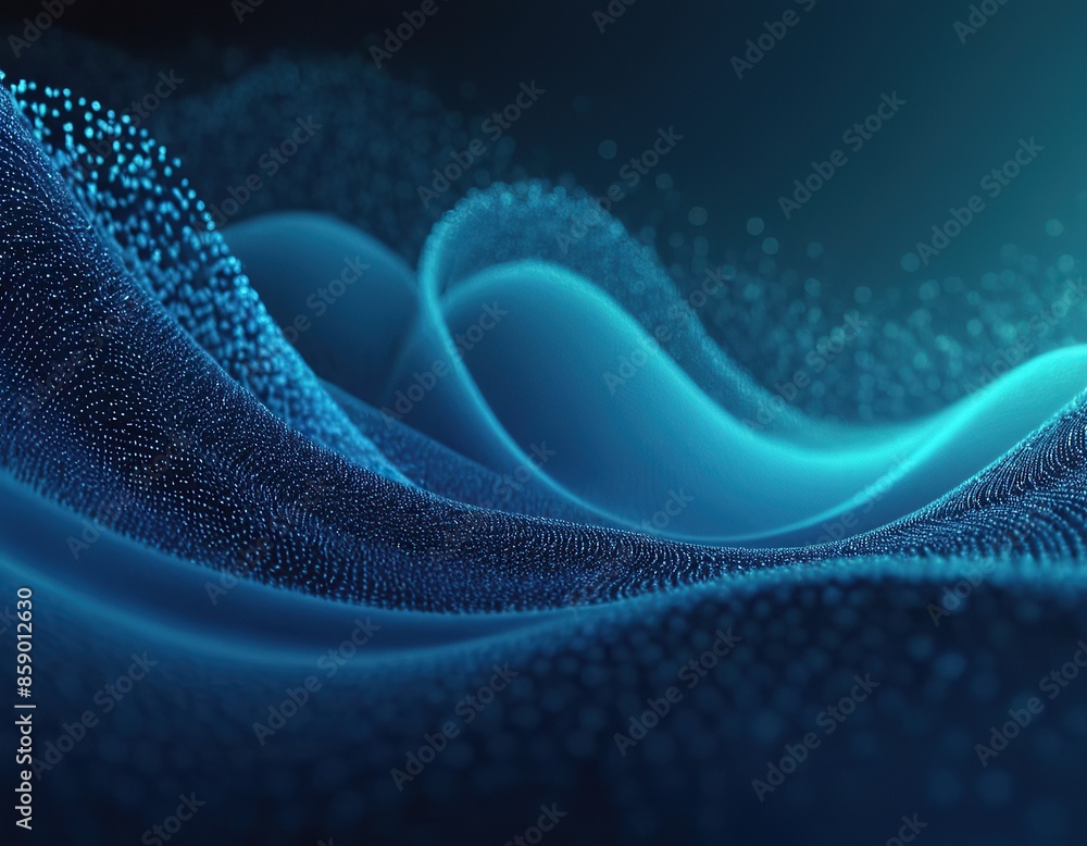 Poster blue abstract background with lines and dots in the shape of wave