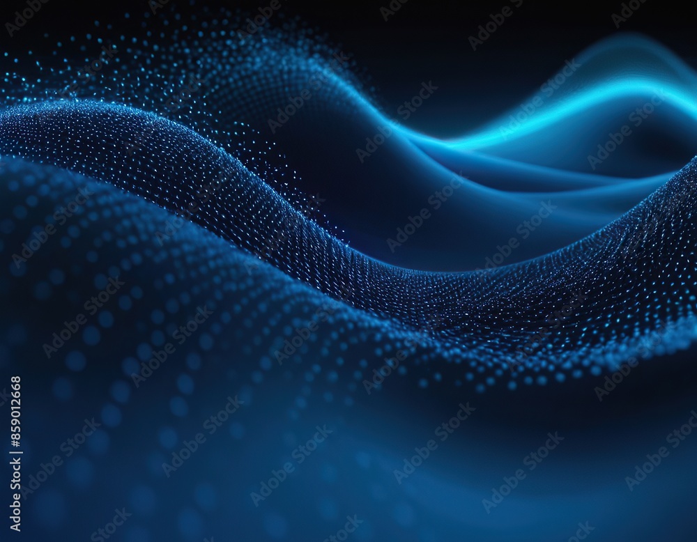 Poster blue abstract background with lines and dots in the shape of wave