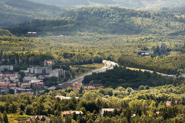 View from above on road to mountains. Landscape of Walbrzych - Poland