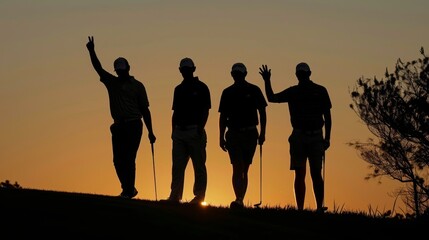 Fototapeta premium Silhouette of Four golfers with open hands on grass