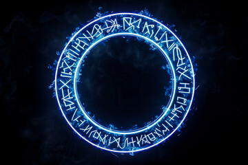 White magic runes on a circle. Spell effect with ancient fantasy writing on neon ring