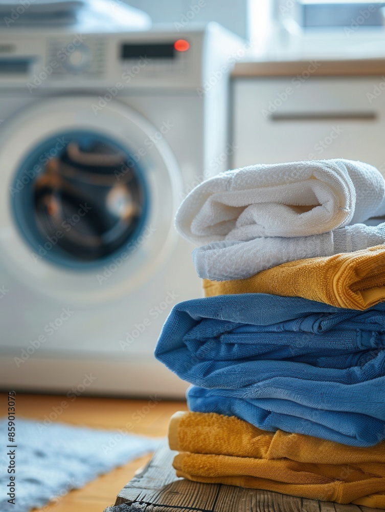 Poster a stack of clean, folded laundry sits on a wooden surface next to a white washing machine, suggestin