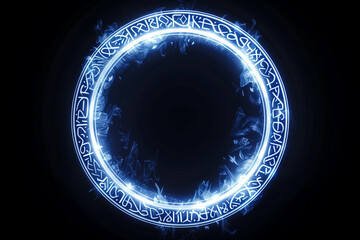 White magic runes on a circle. Spell effect with ancient fantasy writing. Glowing neon ring