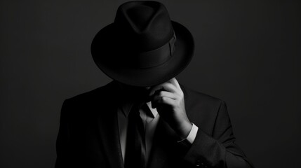Silhouette of Man in suit hiding face behind his hat isolated on dark background. secret and incognito concept
