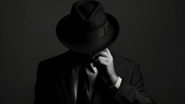Silhouette of Man in suit hiding face behind his hat isolated on dark background. secret and incognito concept