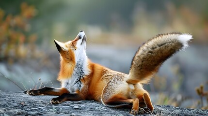Obraz premium Funny red fox stretches. Concept - funny animals in the wild.
