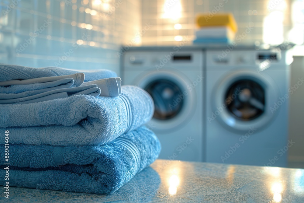 Aufkleber A stack of neatly folded blue towels sits on a countertop in front of two washing machines in a laundry room. Generative AI