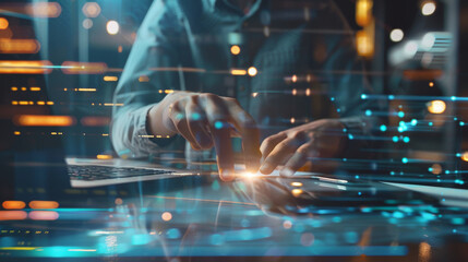 Obraz premium Hands hover over a futuristic digital touch interface, displaying an array of glowing blue data and holographic elements in a dark setting.