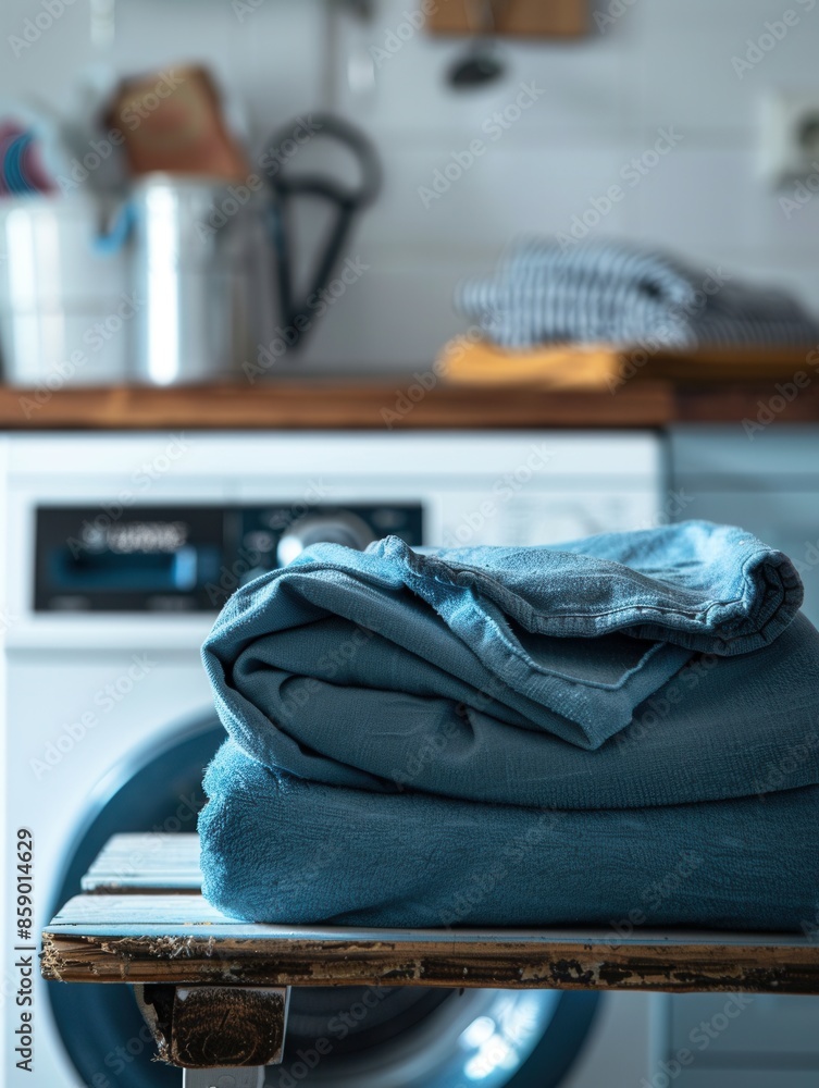 Poster a stack of neatly folded blue laundry sits on a wooden shelf in a laundry room, with a washing machi