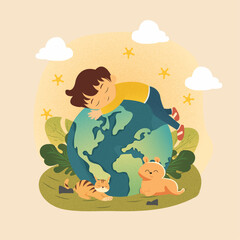 A girl hugging and lying on the earth and showing the importance of saving the environment for Nature Conservation Day