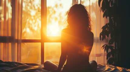 Silhouette of a woman sitting on the bed beside windows with morning sunlight streaming in, embodying a peaceful morning scene.