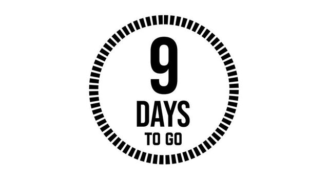9 days to go, 31 days count 2D animation, motion graphics running numbers counting days, 9 days in a month, Nine days left, 4K HD video with black text Transparent video alpha channel.