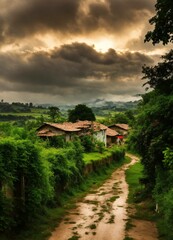sunset in the village