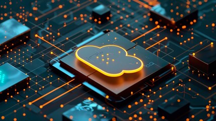 Futuristic digital cloud technology glowing circuit board advanced data network visualization